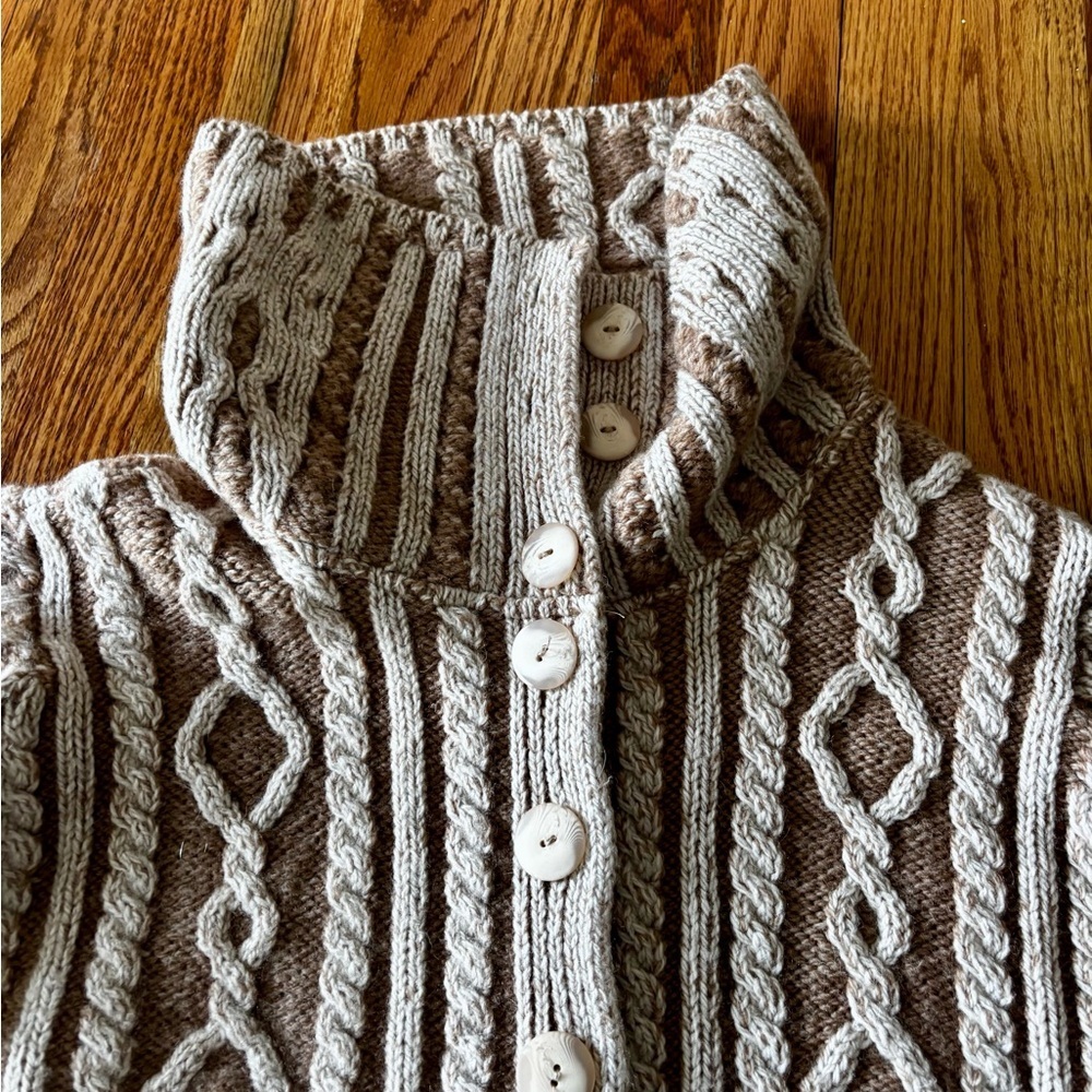 Aran Crafts Cable Knit Cardigan - Cream and Brown -  All Wool - Made in Ireland - Picture 4 of 9